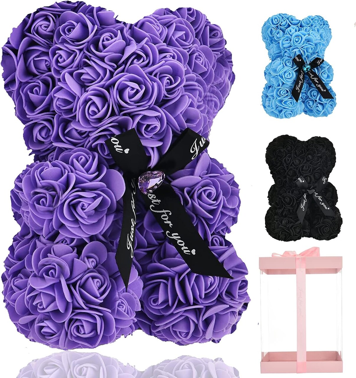 Flower Rose Bear ,Romantic Gift for Valentine's, Mother's Day, Christmas, Birthday,Girl Friend Her Mom Female Wife with Artificial Heart-Shaped Diamonds Purple